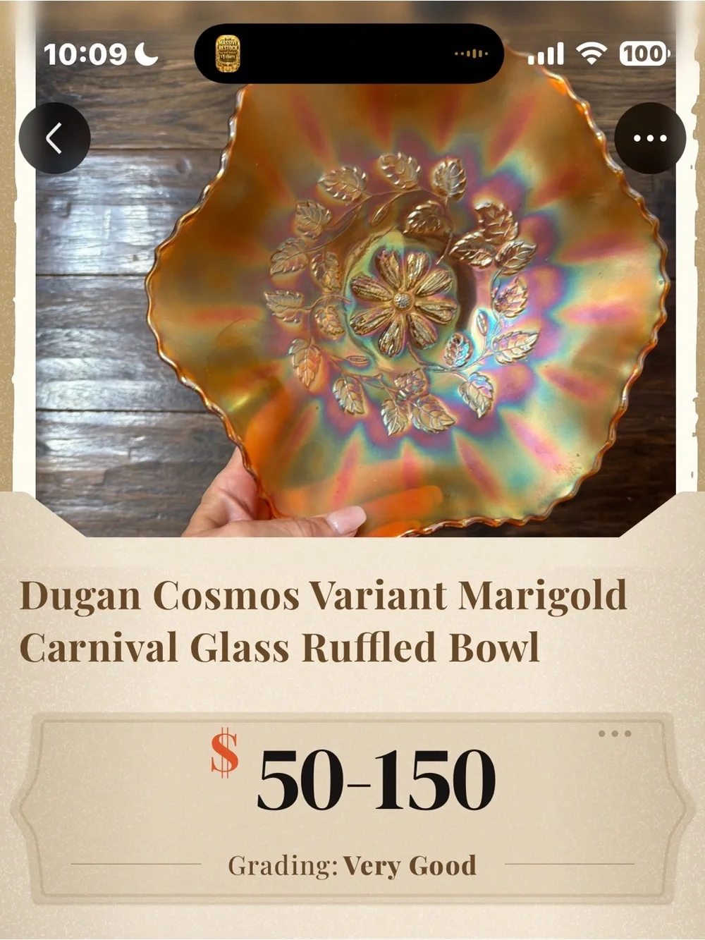 Vintage Dugan Cosmos Marigold  Carnival Glass Ruffled Bowl - Iridescent Floral